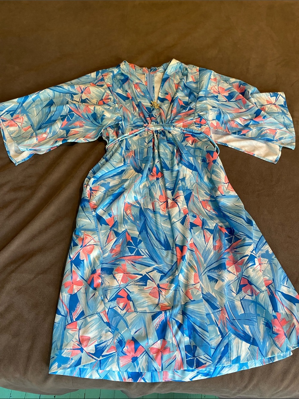 Vintage 70s Handmade Empire Waist Dress Blue Pink Floral Abstract
